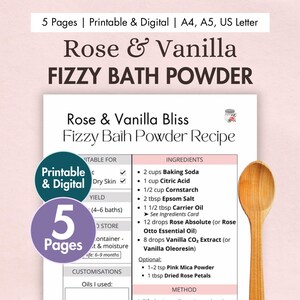 DIY Rose Vanille Fizzy Badepulver Rezept zum Ausdrucken | Digitales Hausgemachtes Epsom Salzbad einweichen - Backpulver, getrocknete Rosenblätter & Mica