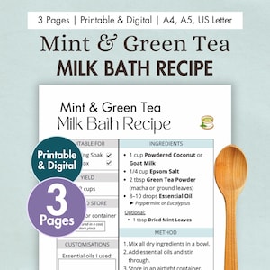 Receta imprimible de baño de leche con menta y té verde / Baño refrescante natural con sales de Epsom y aceites esenciales / Receta de autocuidado digital (PDF)