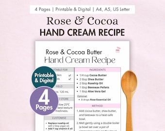 DIY Rose & Cocoa Butter Hand Cream Recipe Printable | Luxurious Botanical Lotion for Dry Skin | Natural Moisturiser | Digital PDF Card