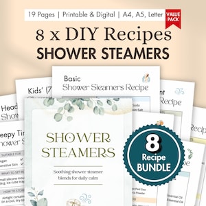 8 x DIY Duschdampfer Rezepte | Natürliche Aromatherapie-Duschetabletten Melts | ätherisches Öl-Dampfgarer Rezeptkarten | Ausdruckbares & digitales BUNDLE