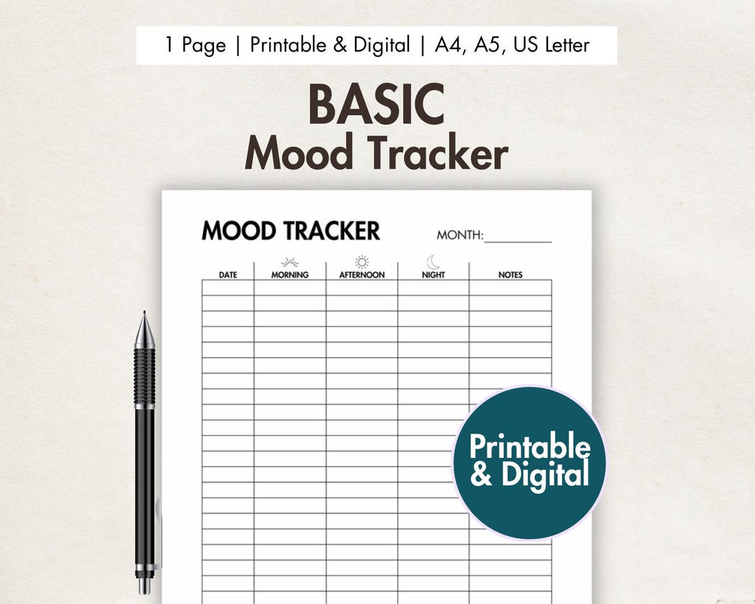 Basic Mood Tracker Printable & Digital PDF Simple Daily Mood Journal ...