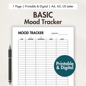 Basic Mood Tracker Druckbares & digitales PDF Einfaches tägliches Stimmungsjournal Monatliches Emotionsdiagramm Stimmungstagebuch Psychische Gesundheit Wellness-Tracker