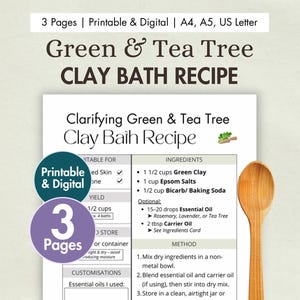 DIY Clarifying Green Clay & Tea Tree Bath Recipe Printable | Homemade Natural Soak for Oily or Acne-Prone Skin | Self-Care Digital Download
