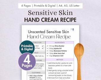 DIY Sensitive Skin Hand Cream Recipe Printable | Gentle Unscented Moisturiser | Fragrance Free Natural Skincare with Aloe | Digital PDF Card