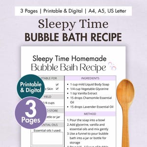 DIY Sleepy Time Bubble Bath Recipe Printable | Digital Homemade Bubble Bath Card | Natural Bath Suds with Chamomile & Lavender Essential Oil