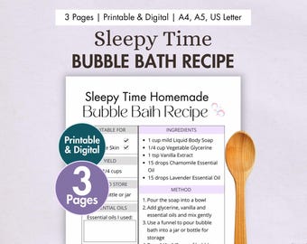 DIY Sleepy Time Bubble Bath Recipe Printable | Digital Homemade Bubble Bath Card | Natural Bath Suds with Chamomile & Lavender Essential Oil