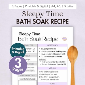 Recette de bain de trempage DIY Sleepy Time imprimable | Bain apaisant au coucher aux huiles essentielles | Bain d'aromathérapie numérique relaxant pour le sommeil
