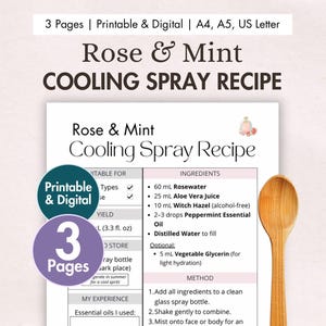 DIY Rose & Mint Cooling Spray Recipe Card Printable | Natural Hydrating Face + Body Mist | Refreshing Homemade Floral Skin Spray Digital PDF