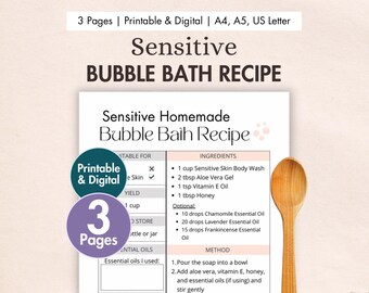 DIY Sensitive Bubble Bath Recipe Printable | Digital Homemade Bubble Bath Card | Natural Body Suds - Aloe, Vitamin E, Honey, Frankincense