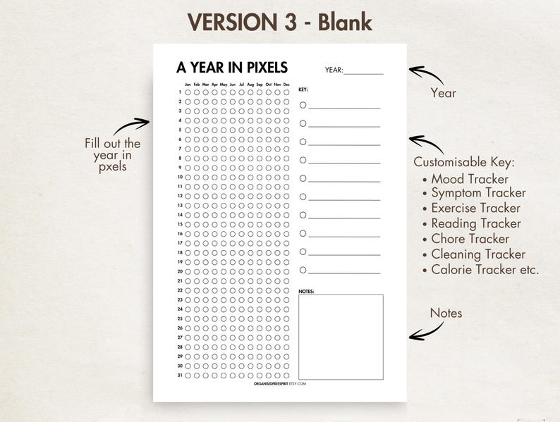A Year in Pixels Printable & Digital PDF Mood Tracker Exercise Tracker ...