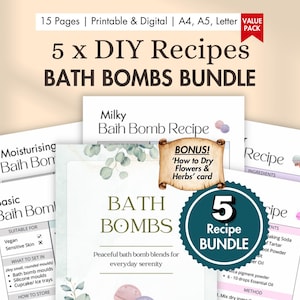 5 x DIY Bath Bomb Recipe Cards Printable | Digital Natural Bath Bomb Recipes PDF | Homemade Bath Bombs with Butters & Essential Oils BUNDLE