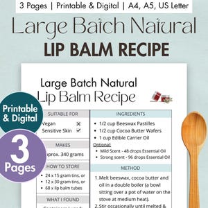 DIY Große Charge Lippenbalsam Rezept Druckbare Digitale Rezeptkarte Natürliche Inhaltsstoffe Selbstgemachter Lipgloss Umweltfreundlich Zero Waste Organic