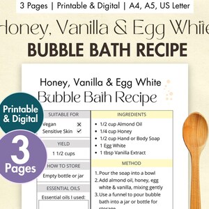 DIY Honig Vanille & Ei Weiß Schaumbad Rezept Druckbare Digitale Hausgemachte Schaumbad Vorlage Zutaten Karte Natürliches Schaumbad