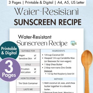 Receita de protetor solar resistente à água para imprimir | Protetor solar natural digital com óxido de zinco e óleo de semente de framboesa vermelha | Cartão de protetor solar caseiro