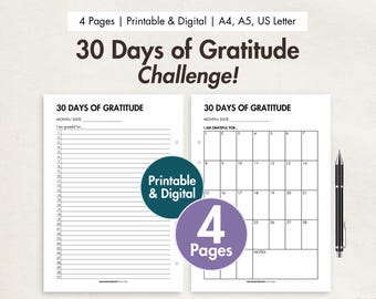 30 Days of Gratitude Journal Challenge Printable Digital Monthly Gratitude Calendar Gratitude Journal Prompts Thankfulness Mindfulness