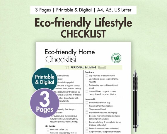 Eco-friendly Lifestyle Checklist Printable Eco-friendly Home Planner Digital Sustainable Living Template Eco-Conscious Green Tips Conscious