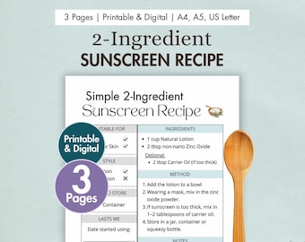 DIY Simple 2-Ingredient Sunscreen Recipe Printable & Digital | Homemade Suncream Recipe Card | Natural Zero Waste Sunblock with Zinc Oxide