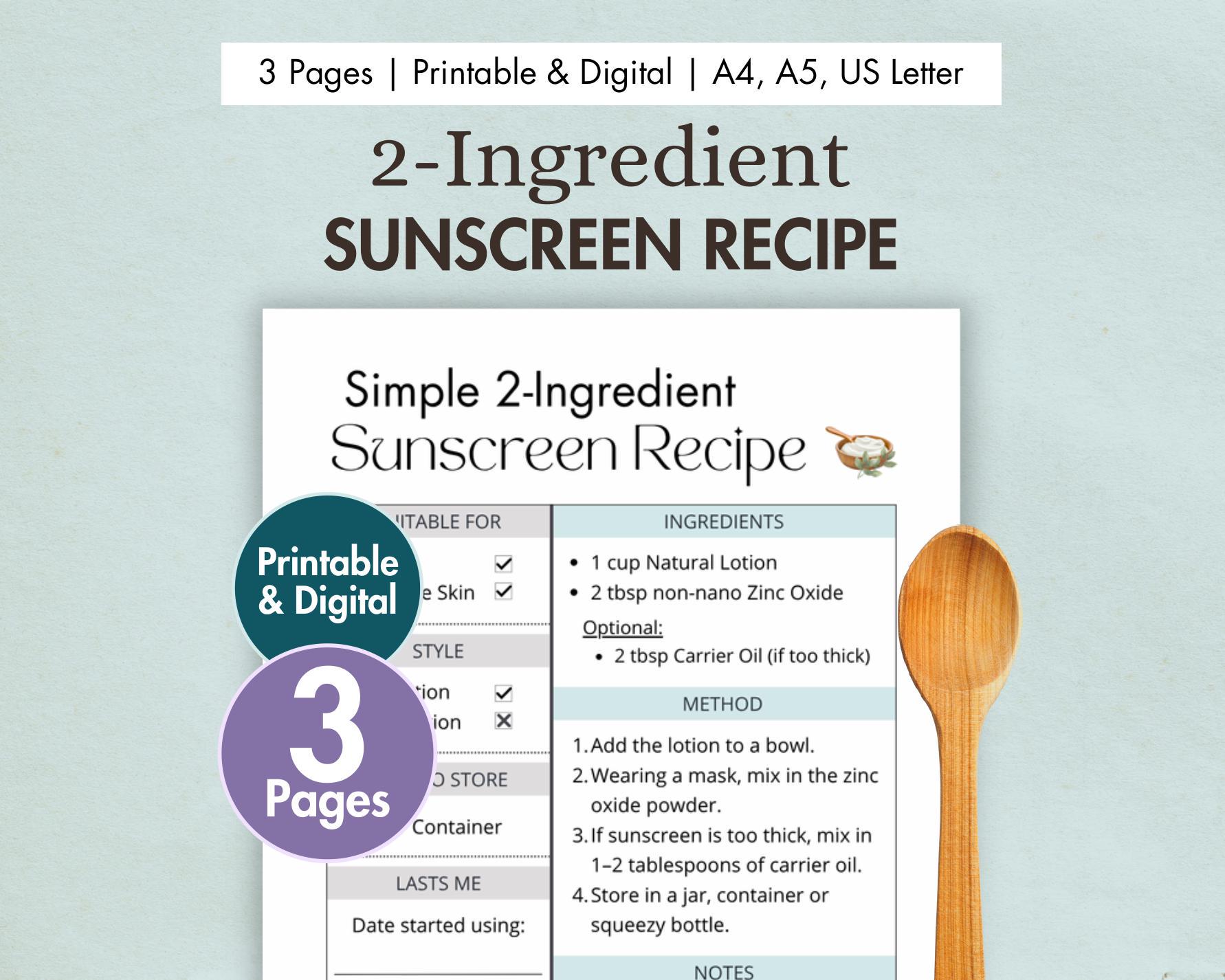 DIY Simple 2-ingredient Sunscreen Recipe Printable & Digital | Homemade ...