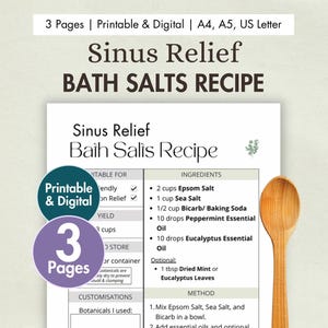 Receta imprimible de sales de baño caseras para aliviar la sinusitis / Baño de eucalipto y menta para la congestión, el resfriado y el dolor de cabeza / Receta digital
