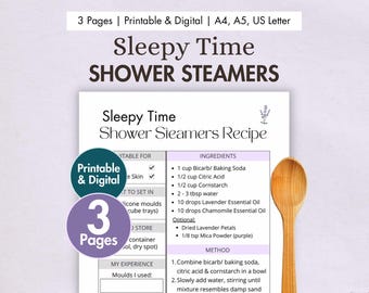 DIY Sleepy Time Shower Steamers Recipe Printable | Digital Shower Melts Recipe Card |  Homemade Shower Bombs Natural Aromatherapy Lavender