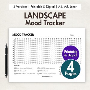 横長ムードトラッカー（印刷可能＆デジタルPDF） ピクセルで見る一年 年間日次ムードジャーナル 月次感情チャート 年間ムードダイアリー