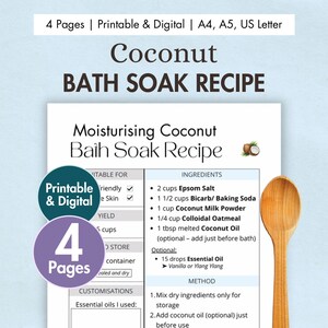 DIY Moisturising Bath Soak Recipe Card Printable | Epsom Salt Essential Oils Bath | Digital Natural Bath Soak Coconut Aromatherapy Oatmeal