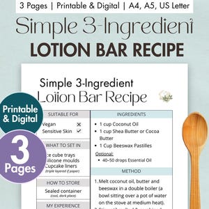 DIY einfaches 3-Zutaten Lotion Bar Rezept zum Ausdrucken | Digitale Lotion Bar Rezeptkarte | Natürliche handgemachte feste Lotion für empfindliche Haut