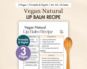 DIY Vegan Lip Balm Recipe Printable | Digital Natural Lip Salve Card | Homemade Lip Care Ointment with Soy Wax, Carrot Seed & Essential Oil