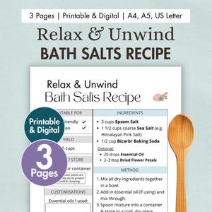 Gör-det-själv-recept på badsalt för avkoppling och varva ner, utskrivbart | Digitalt kort med naturligt badsalt | Hemgjorda badsalt + eteriska oljor | Miljövänligt bad