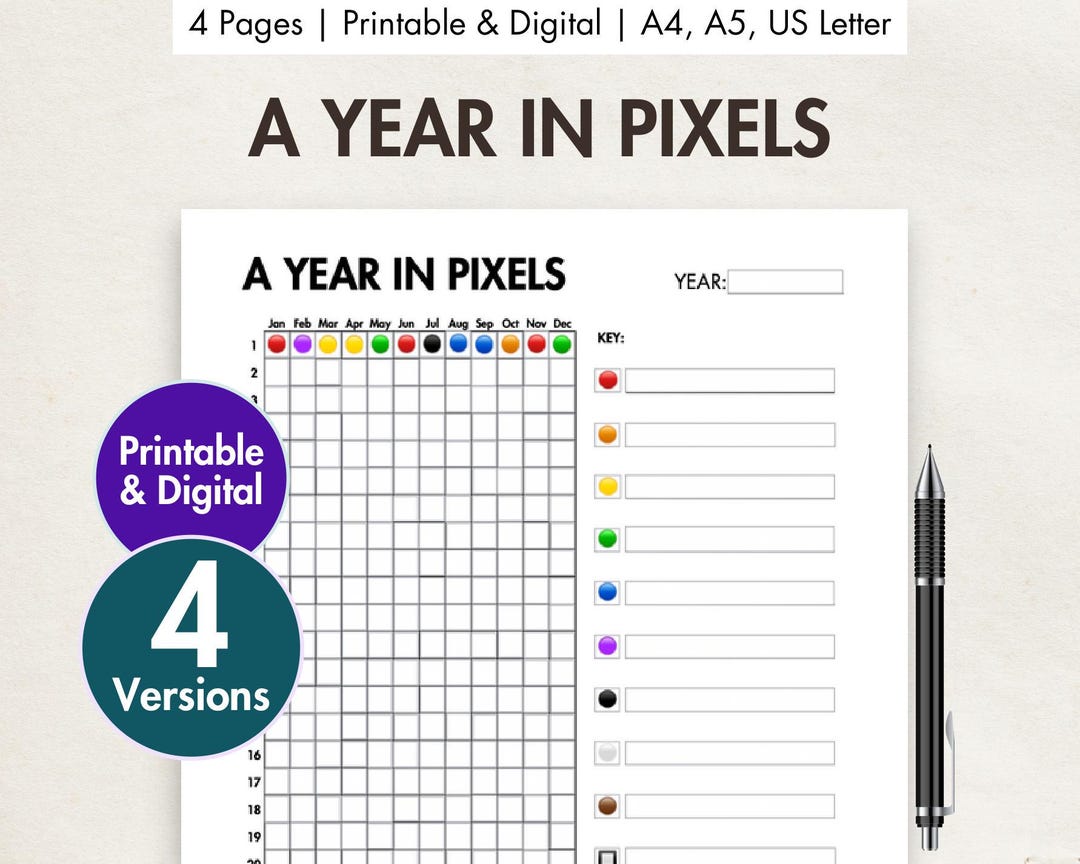 A Year in Pixels Printable & Digital PDF Mood Tracker Exercise Tracker ...