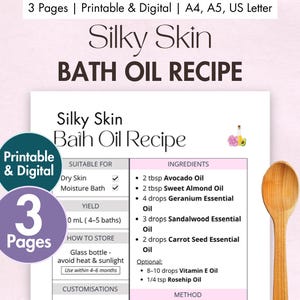 DIY Silky Skin Bath Oil Recipe: Geranium, Sandalwood & Carrot Seed (Printable + Fillable PDF Downloadable Card)