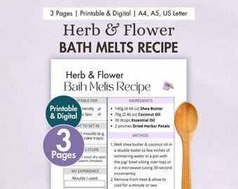 DIY Herb & Flower Bath Melts Recipe Printable | Digital Natural Bath Melts Card | Homemade Bath Melt - Shea, Coconut, Essential Oils, Petals