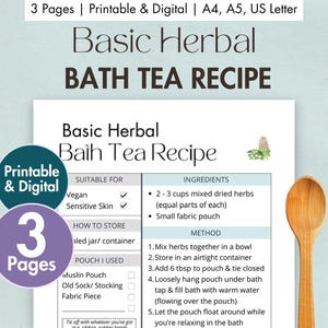 Receita básica de chá de ervas para banho para imprimir | Cartão digital com saquinho de chá de banho natural | Sachê de chá de ervas caseiro com ervas e flores secas