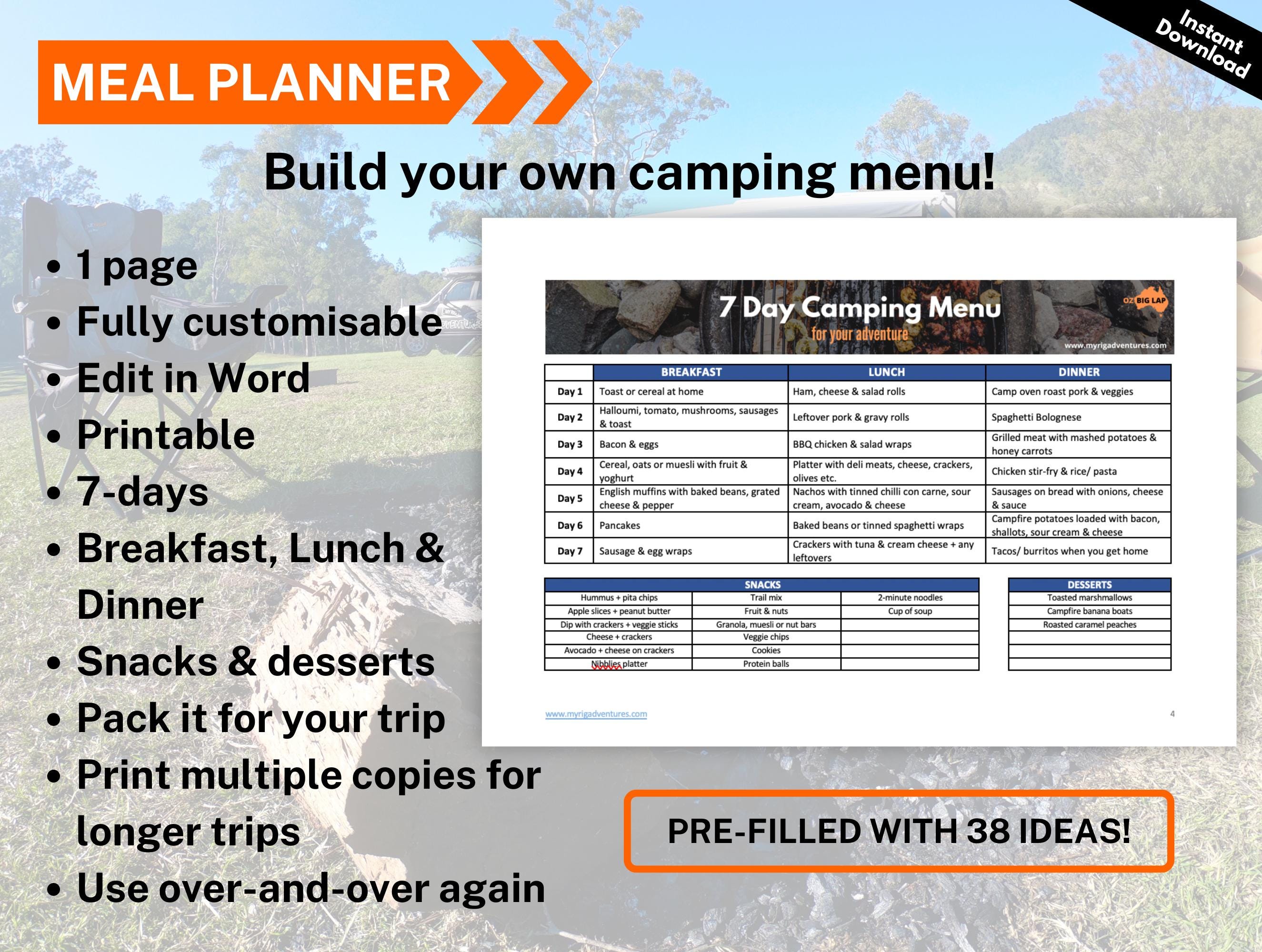 Camping Food Checklist Printable Meal Planner RV Food List 7-day ...