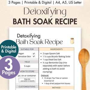 Scheda di ricetta per bagno disintossicante fai da te stampabile / Bagno di argilla naturale e sale / Modello digitale per bagno disintossicante con oli essenziali
