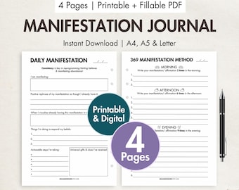 Manifestation Journal Printable Digital Daily Manifestation 369 Method Law of Attraction Template 369 Manifestation Journal Prompts