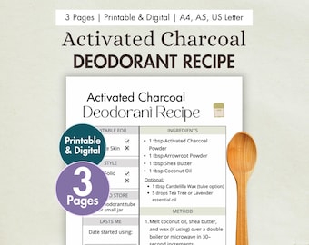 DIY Activated Charcoal Deodorant Recipe Card | Natural Deodorant Cream with Essential Oils | No Baking Soda Skincare | Printable & Digital