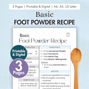 以下が含まれることがあります： Basic Foot Powder Recipeと題された印刷およびデジタル文書。アロールートパウダー、コーンスターチ、カオリン粘土、重曹などの材料リストと手順が記載されており、右側には木製のスプーンが配置されています。