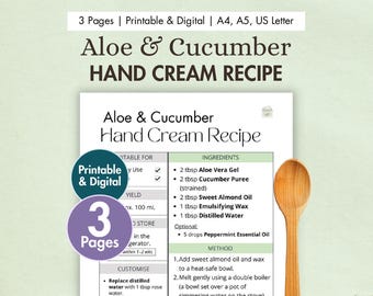 DIY Aloe & Cucumber Hand Lotion Recipe Printable | Lightweight Hydrating Moisturiser | Natural Homemade Body Cream | Digital PDF Card