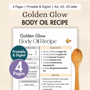 DIY Golden Glow Body Oil Recipe Printable | Digital Turmeric + Argan Brightening Oil | Natural Skincare with Bergamot Aromatherapy Card