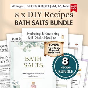 8 x DIY Bath Salts Recipe Cards Printable | Homemade Bath Salts with Dried Botanicals & Essential Oil | Digital Natural Spa Blend BUNDLE