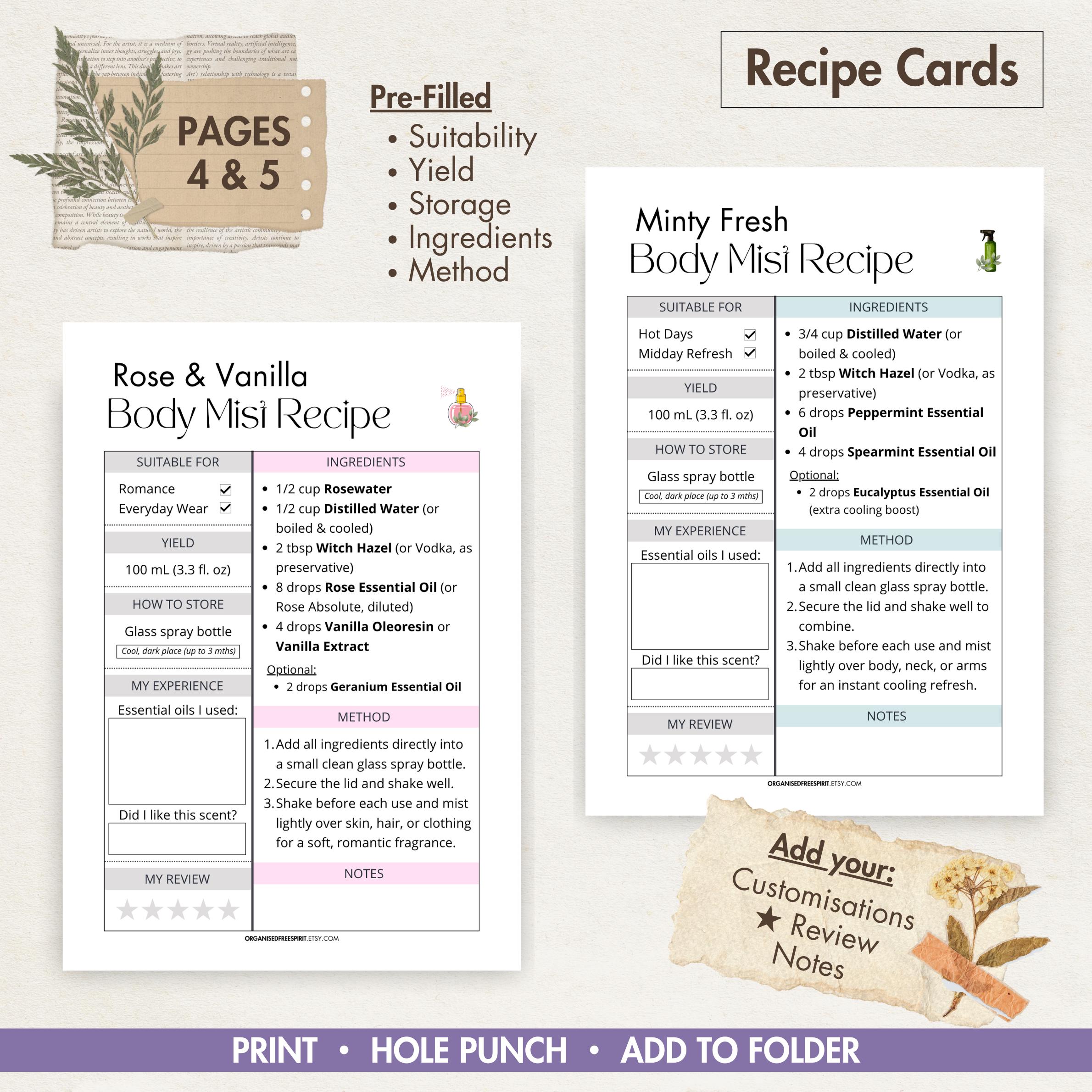 Printable Mist Card 8 X DIY Body Mist Recipes | Natural Aromatherapy Body Spray Blends ...