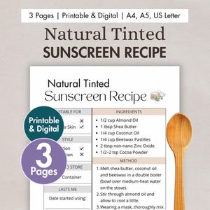 Receta imprimible de protector solar con color (DIY) / Protector solar con color casero digital con óxido de zinc / Receta ecológica de protector solar natural sin residuos