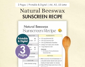 DIY Natural Beeswax Sunscreen Recipe Printable | Digital Homemade Suncream Card | Zero Waste Sunblock Recipe with Beeswax & Zinc Oxide