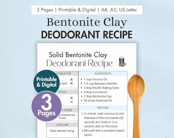 DIY Bentonite Clay Deodorant Recipe Printable | Digital Homemade Solid Deodorant Card | Natural & Eco-friendly with Beeswax, Bicarb and Oils