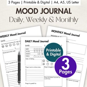 Dagelijks wekelijks maandelijks stemmingsdagboek afdrukbare digitale BUNDEL emotietrackersjabloon dagelijks stemmingsdagboek wellnessplanner stemmingsgrafiek