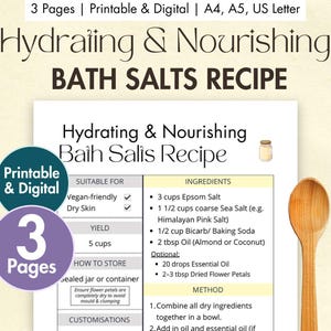 DIY Hydrating & Nourishing Bath Salts Recipe Printable | Digital Natural Bath Salts Card | Moisturising Bath Soak with Dried Flowers + Oils