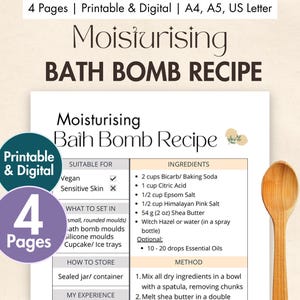 DIY Feuchtigkeitsspendende Badebombe Rezeptkarte Printable & Digital Badebombe Planer Hausgemachte Badebomben Zutaten Blatt Vorlage Natürlich Selbstgemacht