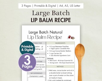 DIY Large Batch Lip Balm Recipe Printable | Digital Natural Lip Salve Card | Homemade Lip Care Ointment Beeswax, Cocoa Butter & Oils