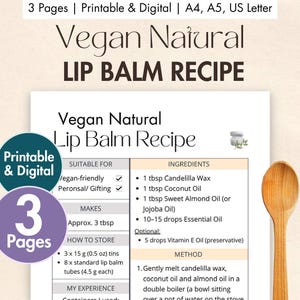 Receita de protetor labial vegano faça você mesmo para imprimir | Cartão digital de protetor labial natural | Pomada caseira para cuidados labiais com cera de soja, semente de cenoura e óleo essencial